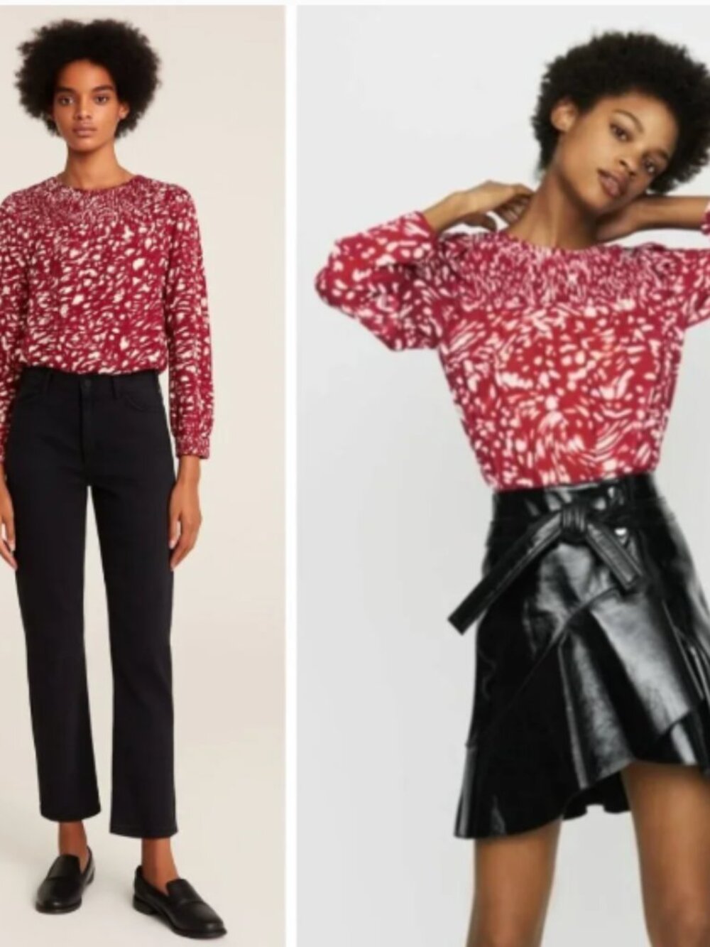 NEW Maje Lipone Red & White Smocked Swirling Print Top Size 1 Small